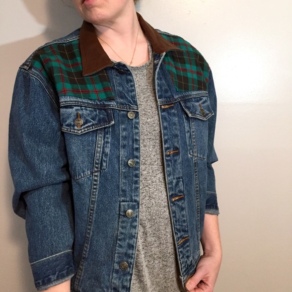Altered Vintage Jean Jacket with Leather, Plaid - Picture 3 of 8